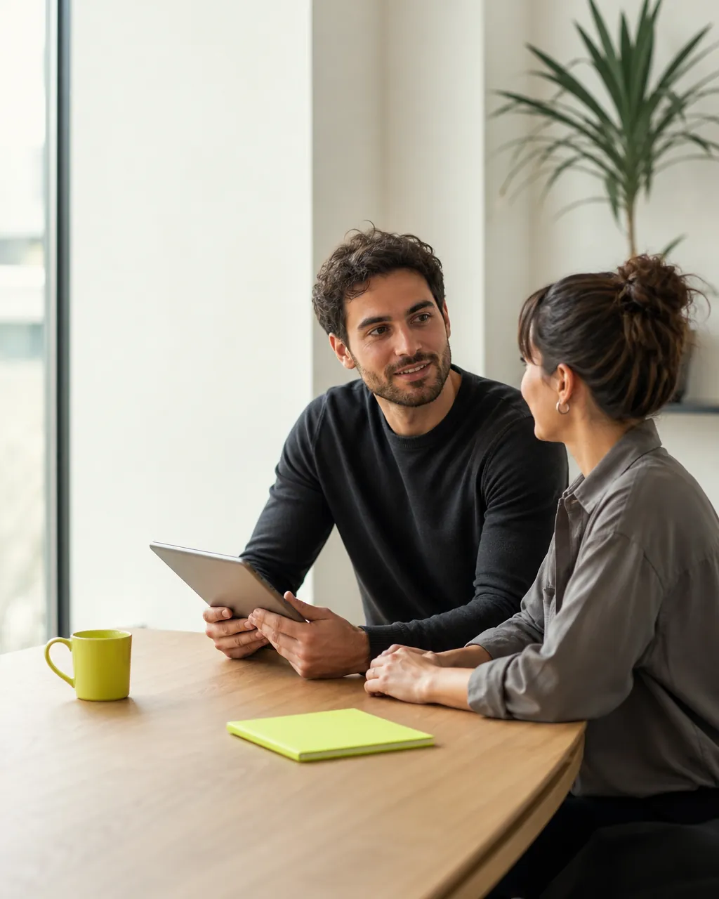 Líder e colaboradora em uma conversa de feedback, sentados à mesa com um tablet