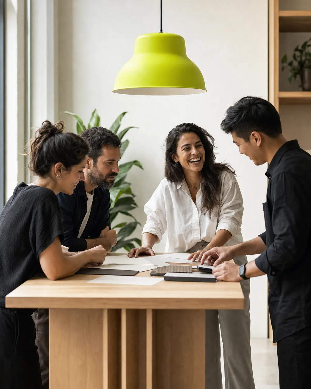 Equipe de quatro colegas trabalha animada em uma mesa alta, sob uma luminária verde