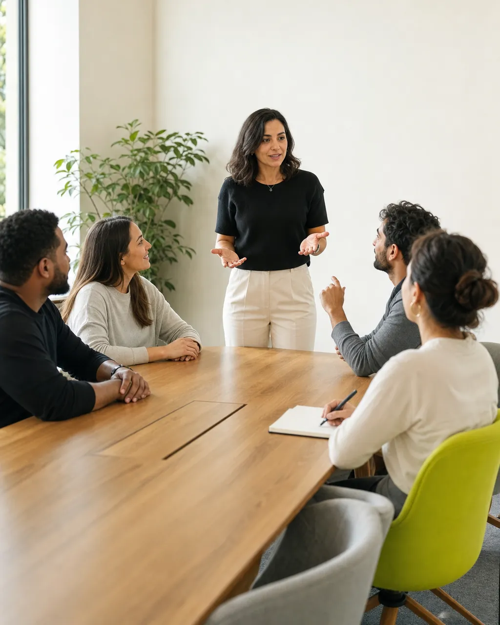 Facilitadora conduz um treinamento interno para quatro colaboradores sentados à mesa